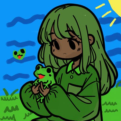 girl with long hair and a oversized shirt. and she is holding a frog