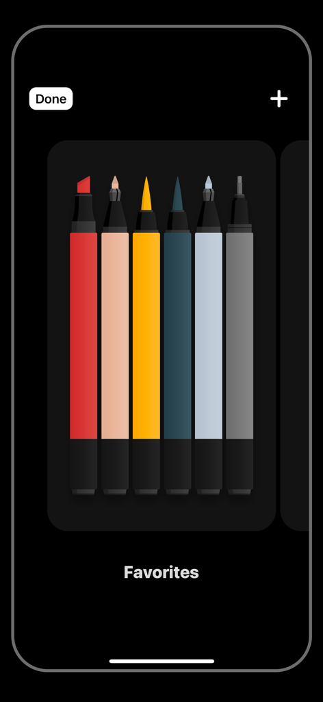 Flow: Note Taking, Drawing Pad - A collection of colorful digital markers and pens in the favorites section of the Flow app interface