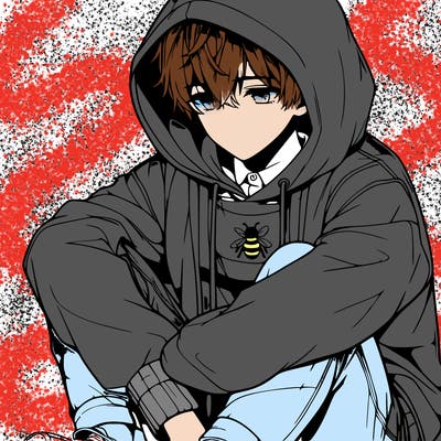 realistic anime boy sitting down with his hoodie bee his head looking down
