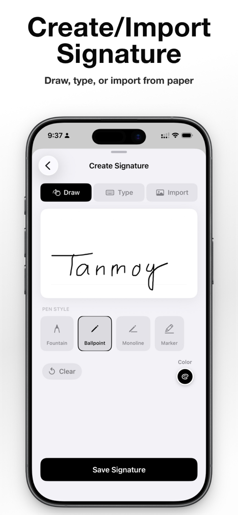 描画およびペン スタイル オプションを備えた署名作成ツールを示すeSign PDFアプリの画面