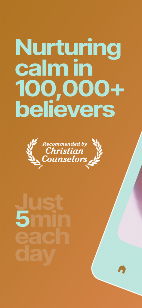 A screenshot of the Soulspace app featuring text about nurturing calm in 100,000 believers and being recommended by Christian counselors.