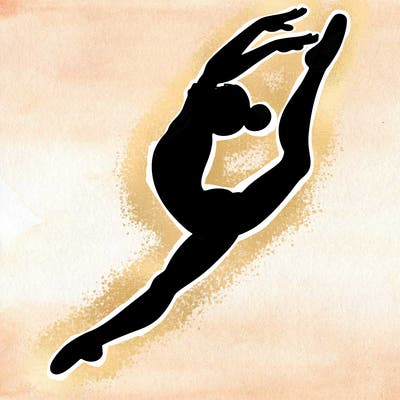 gymnast doing a leap in a leotard with a bent back leg