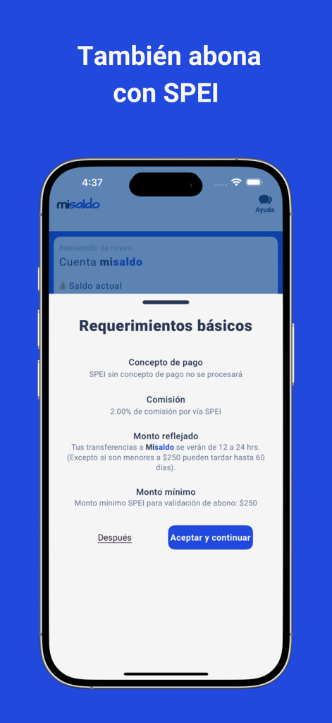 Mi Saldo - Mi Saldo app screen showing basic requirements for SPEI electronic transfer recharges