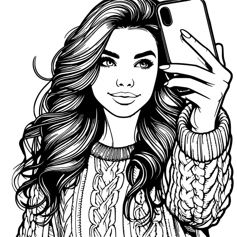 realistic beautiful girl wearing a sweater taking a selfie