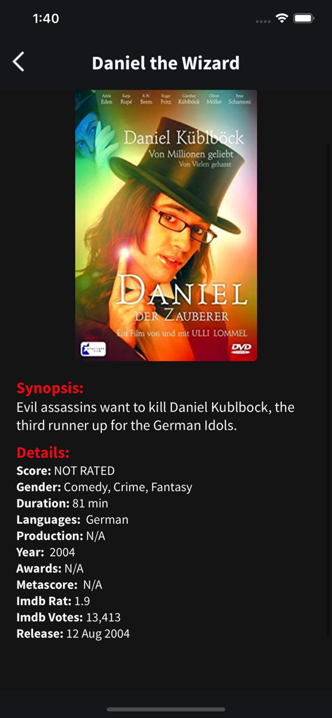 Informações detalhadas do filme e tela de sinopse para Daniel the Wizard no aplicativo Mis Peliculas