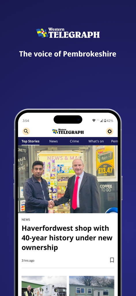 Western Telegraph mobile app home screen showing local Pembrokeshire news and articles