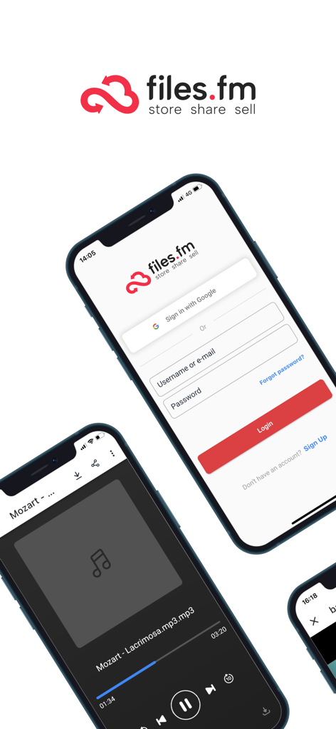 Files.fm Cloud storage - Multiple iPhone screens displaying the Files.fm app login page and an integrated music player interface.