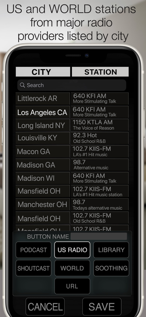 Best Clock Radio & Podcast - Interface do aplicativo Melhor Rádio Relógio mostrando uma lista de estações de rádio dos EUA e do mundo ordenadas por cidade para programação manual