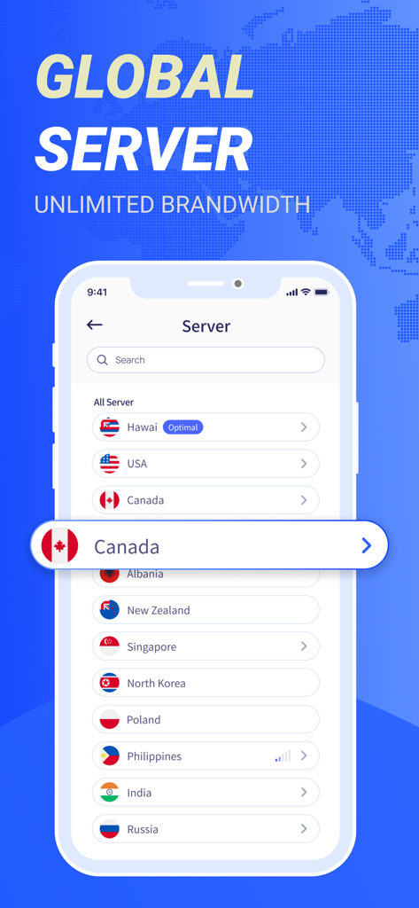 VPN Mobisec - Lightning Proxy - Screenshot of the VPN Mobisec Lightning Proxy app showing a list of global servers including USA and Canada with unlimited bandwidth