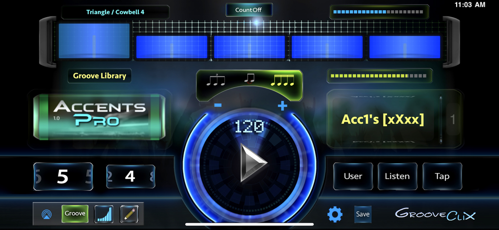 GrooveClixメトロノームのダッシュボードインターフェイス。BPM、拍子記号、リズムの細分化が表示されています