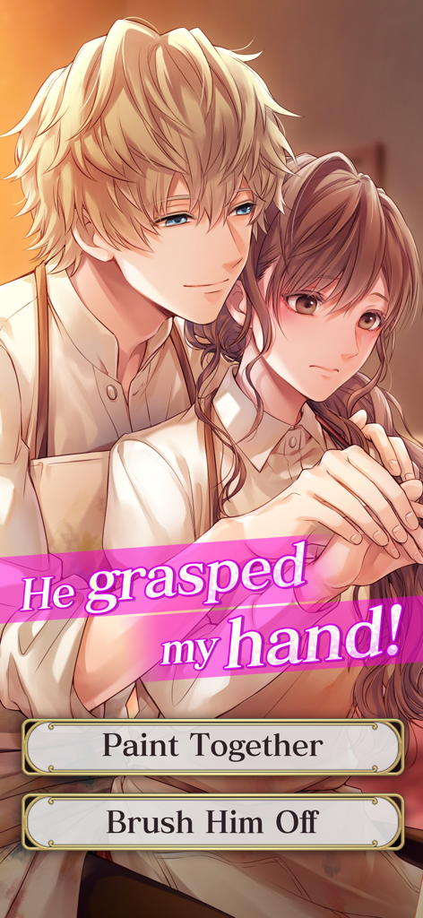 Ikemen Vampire Otome Gam‪e - Una escena romántica de estilo anime de Ikemen Vampire que muestra a un hombre tomando la mano de una mujer con opciones de historia interactivas.