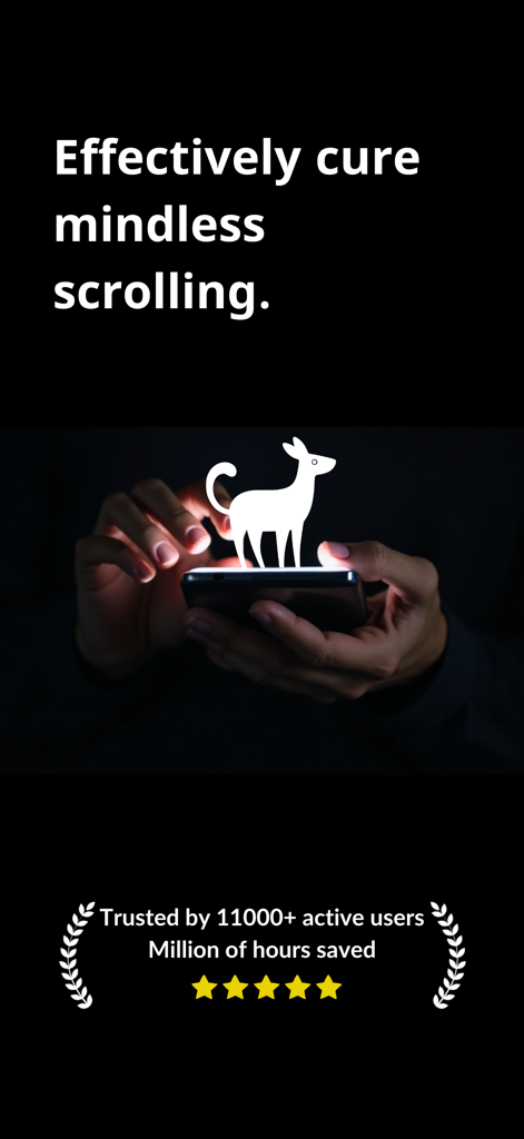 CloseReels: Reduce Scrolling - Pantalla de introducción de la app CloseReels con un teléfono y un ícono de animal brillante y texto 'cura eficazmente el scroll sin sentido con valoraciones de usuarios de cinco estrellas'.
