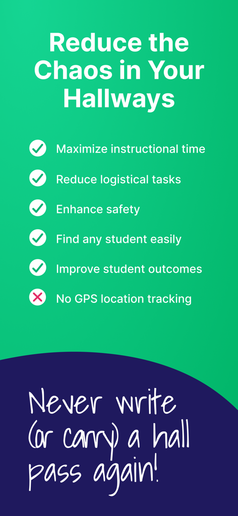 SmartPass Mobile - SmartPass Mobile promotional screen listing benefits like reducing hallway chaos and maximizing instructional time without GPS tracking