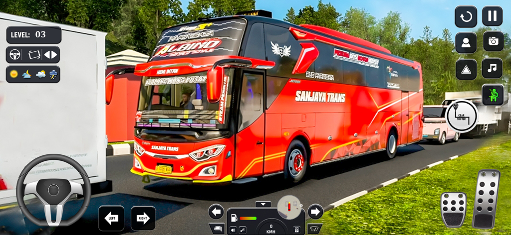 Modern City Bus Simulator Game - Captura de pantalla de jugabilidad de un autobús rojo en un simulador de conducción urbana con controles y volante en pantalla.