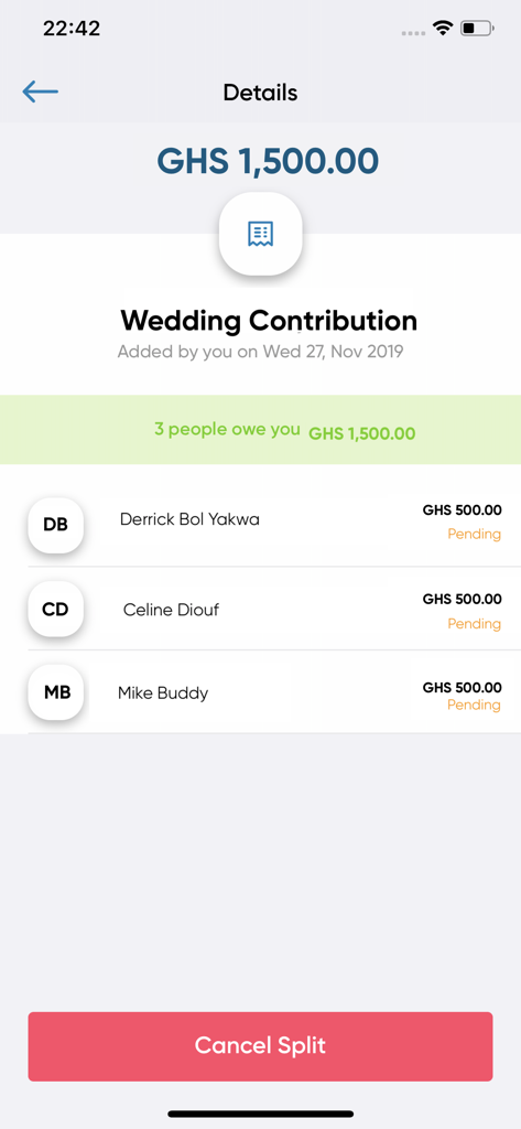 Ecobank Mobile App - Ecobank Mobile App screen showing a wedding contribution bill split among three people with pending payments in Ghanaian Cedi