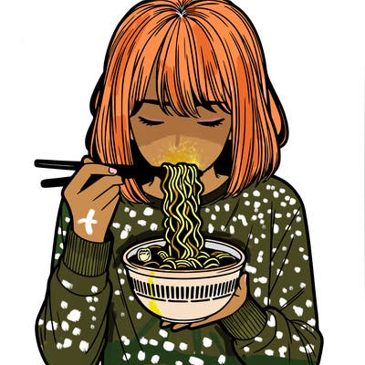 a girl realistic eating ramen noodles
