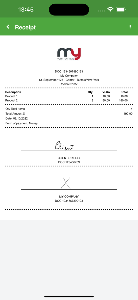 Receipt Generator v2 - Digital receipt preview showing company logo itemized products total amount and digital signatures