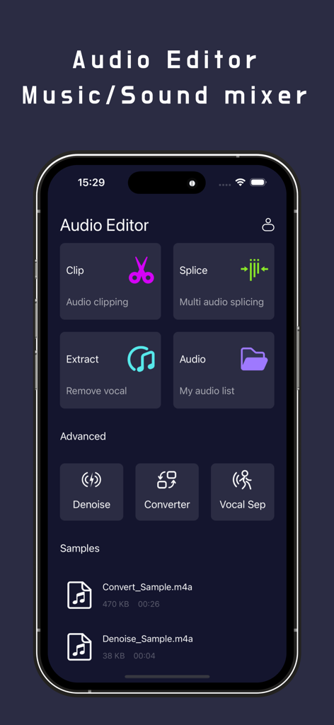 Audio Editor-Music/Sound mixer - iPhone上のAudio Editorアプリのメインダッシュボード。オーディオクリッピング、スプライシング、ボーカル削除、ノイズリダクションのためのツールが特徴です。