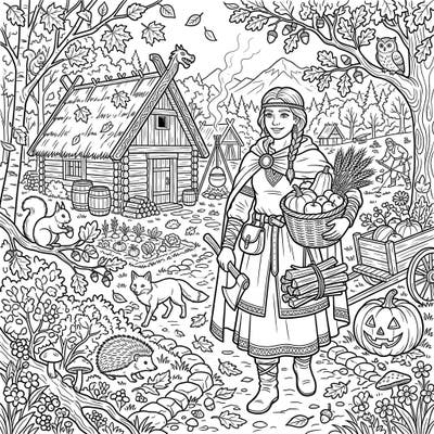 Immerse yourself in a vibrant autumn scene featuring a resilient Viking settler preparing for winter. Discover a charming log cabin, playful woodland creatures, and bountiful harvest goods awaiting your artistic touch.