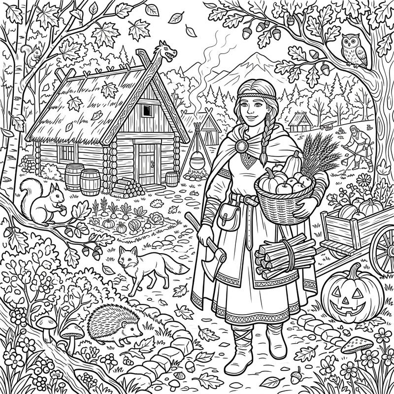 Immerse yourself in a vibrant autumn scene featuring a resilient Viking settler preparing for winter. Discover a charming log cabin, playful woodland creatures, and bountiful harvest goods awaiting your artistic touch.