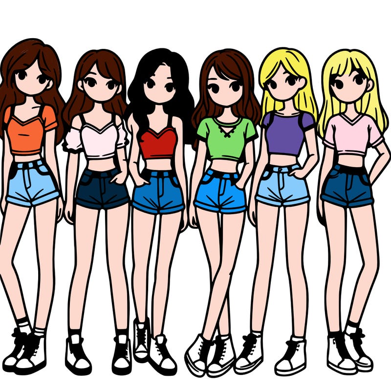 a group of girls wearing crop tops and shorts