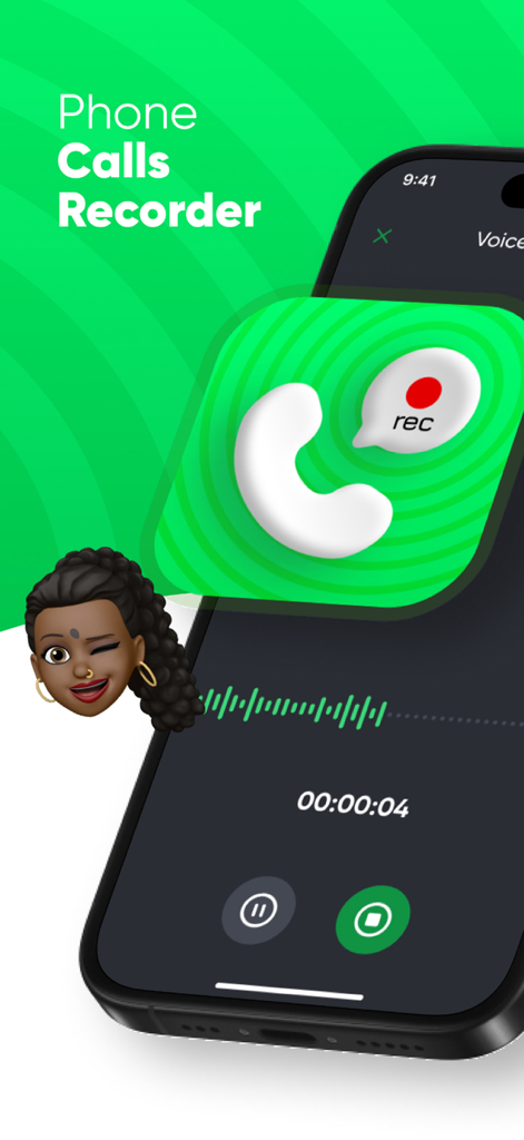 Uma tela de iPhone exibindo uma gravação de chamada ativa com um cronômetro, forma de onda e controles de gravação em um fundo verde.
