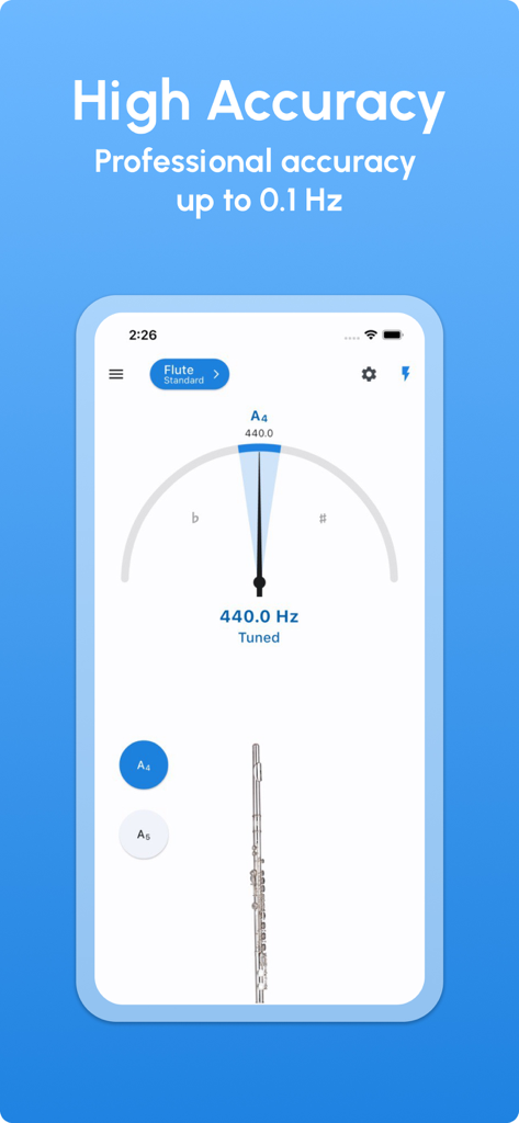 Flute Tuner - LikeTones - Flute Tuner app interface showing high precision tuning at 440 Hz for an A4 note
