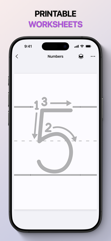 Cursively Handwriting Practice - A handwriting practice app screen displaying a tracing worksheet for the number five with numbered stroke guides