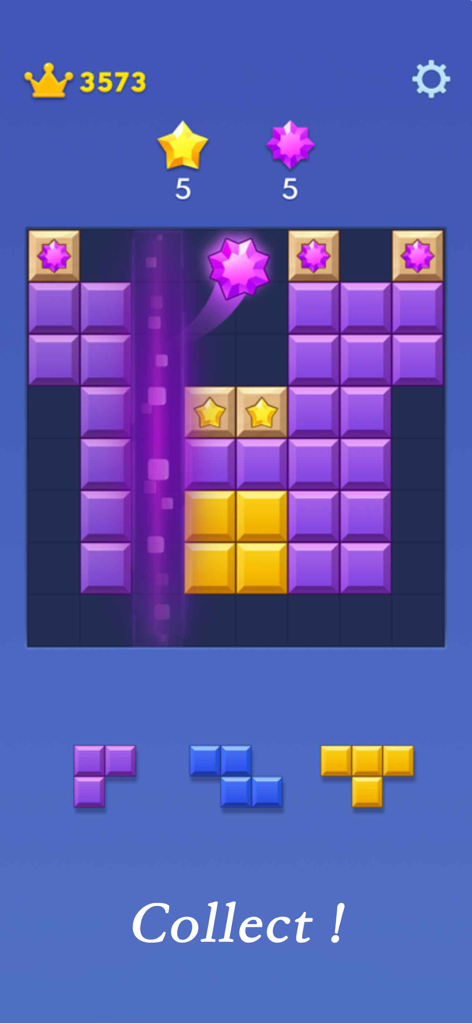 Écran du jeu Block Blast Hot Puzzle Brain montrant des blocs colorés et des gemmes à collecter