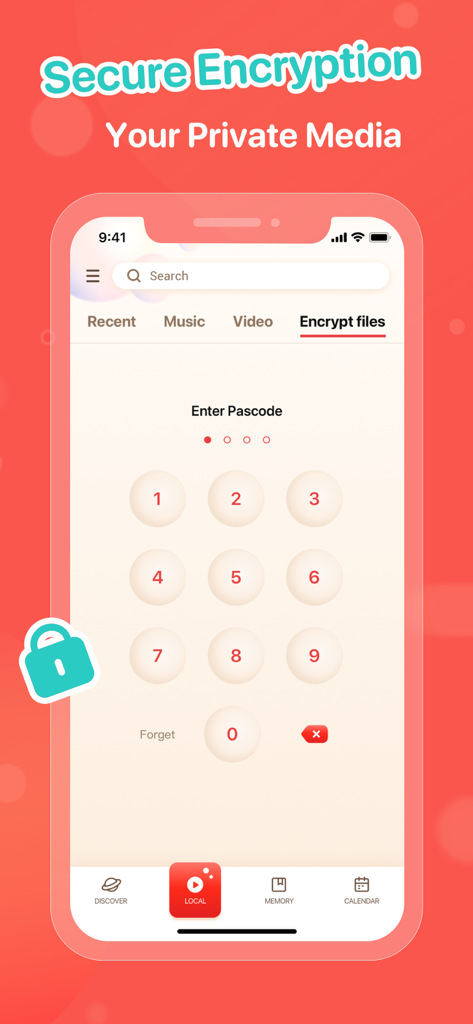 Bubble Player app screen displaying a numeric passcode interface for secure encryption of private media files