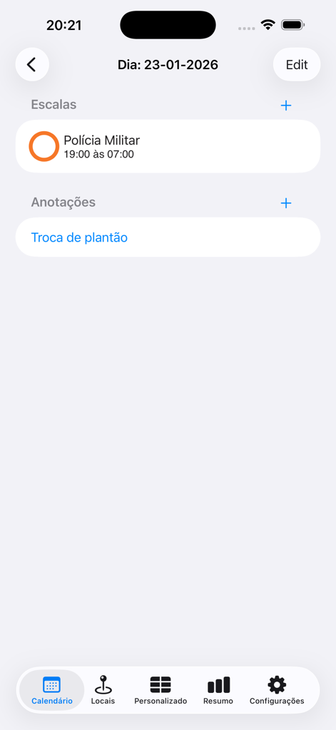 Plantão Fácil - Uma tela de agenda de plantões diários no aplicativo Plantao Facil para um policial militar mostrando horários de plantão e uma nota sobre uma troca de plantão
