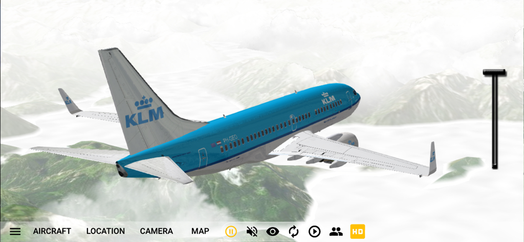 GeoFS - Flight Simulator - Um Boeing 737-700 da KLM voando sobre montanhas nevadas no aplicativo simulador de voo GeoFS.