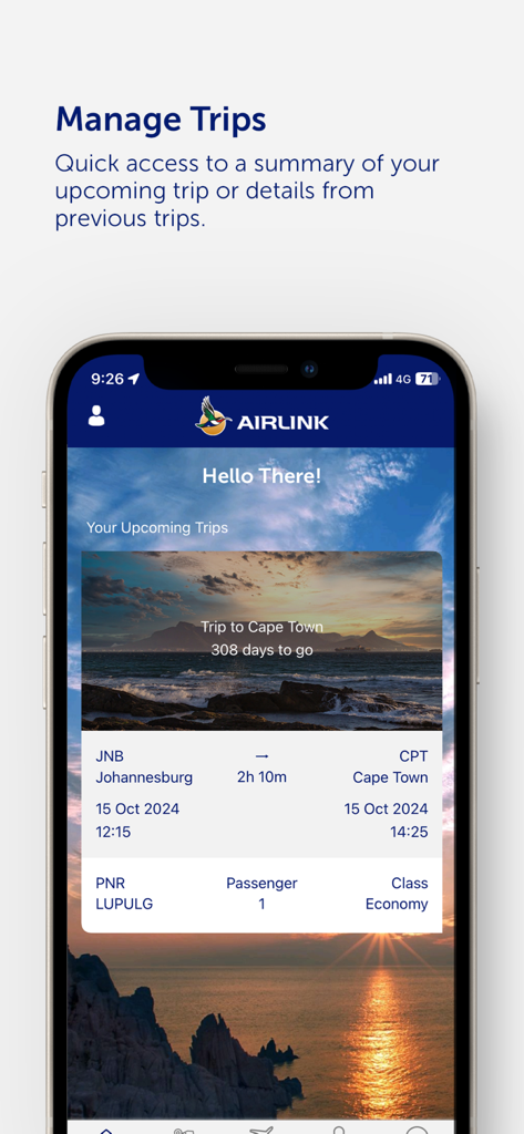 Fly Airlink app screen displaying upcoming flight details from Johannesburg to Cape Town