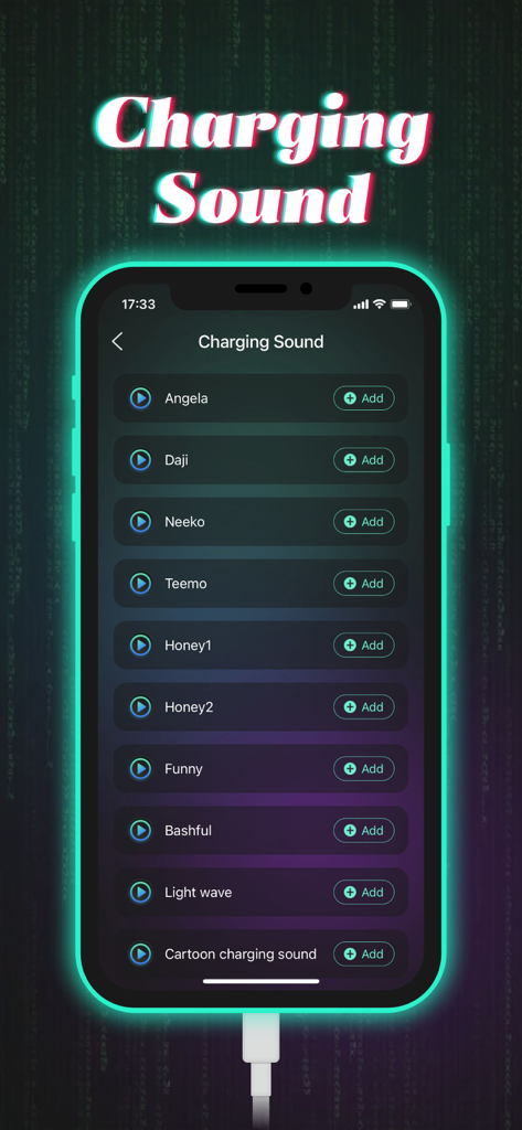 Charging Show - Cool Play ! - 아이폰용 사용자 정의 가능한 충전 사운드 옵션 목록을 표시하는 Charging Show 앱 내 화면