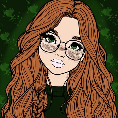 girl with long hair and freckles and glasses realistic