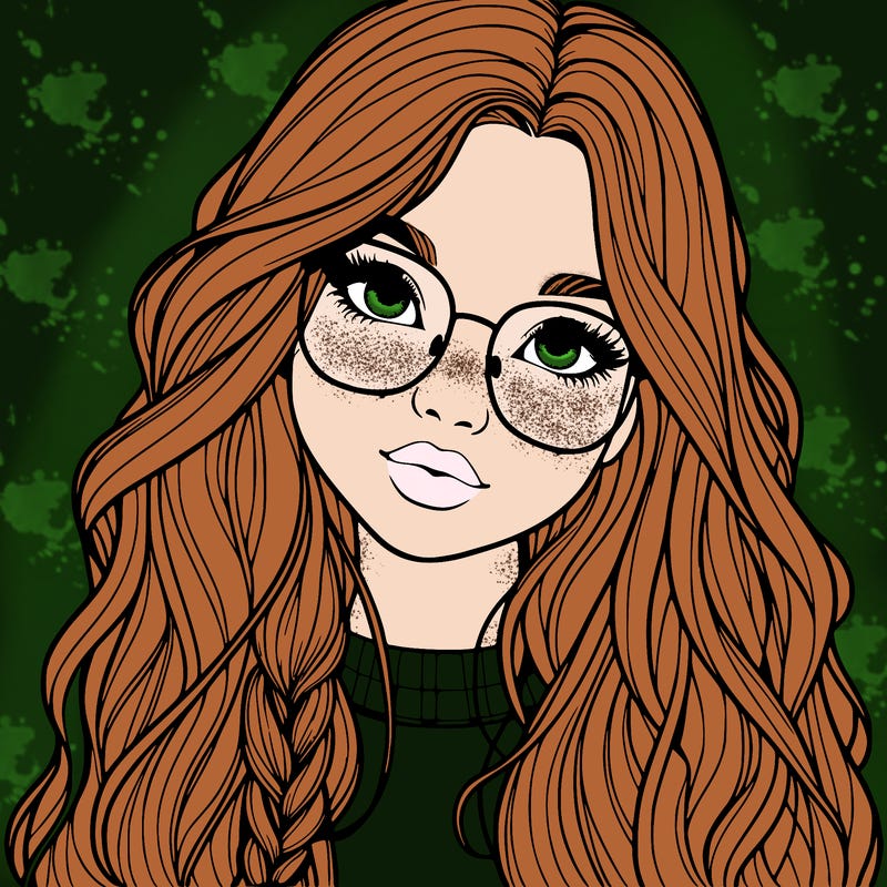 girl with long hair and freckles and glasses realistic