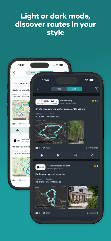 NodeMapp Bike - NodeMapp Bike app interface showing cycling routes in light and dark mode