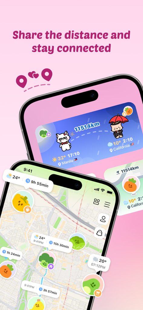 귀여운 캐릭터와 친구들의 실시간 위치 및 상태를 표시하는 지도, 장거리 위젯을 보여주는 Widgetable 앱 스크린샷