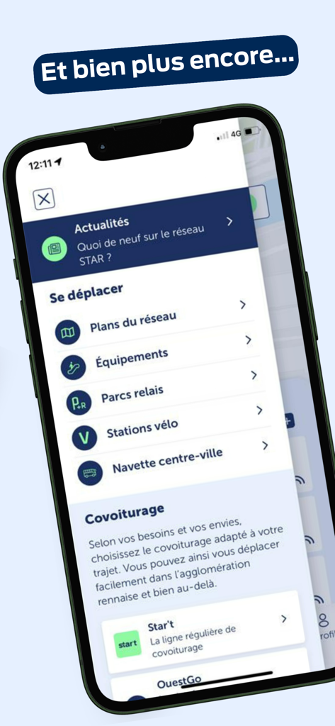Interface of the STAR Rennes app showing various transit and mobility services