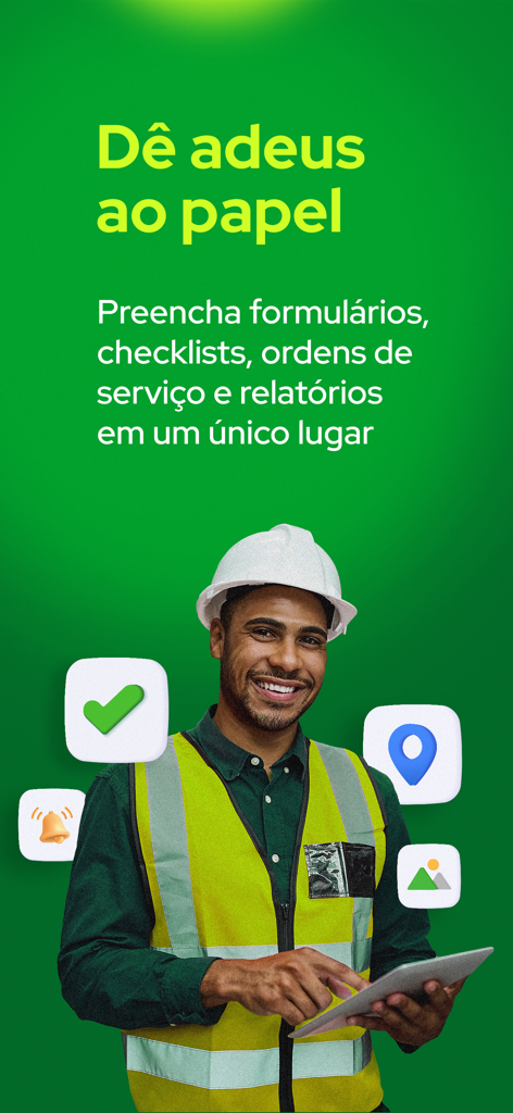 Produttivo: Ordem de Serviço - A field technician wearing a hard hat and safety vest using a tablet for digital service orders and checklists
