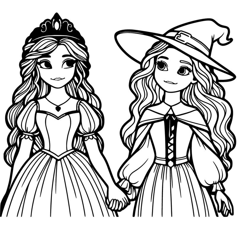 a princess and a witch holding hands realistic