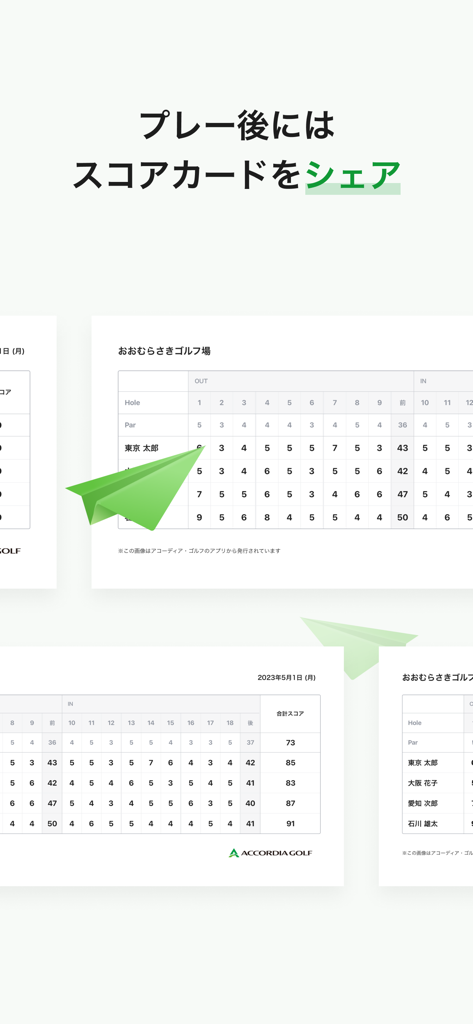 Interface of the Accordia Golf app showing digital scorecards and a feature to share results with companions after a game.