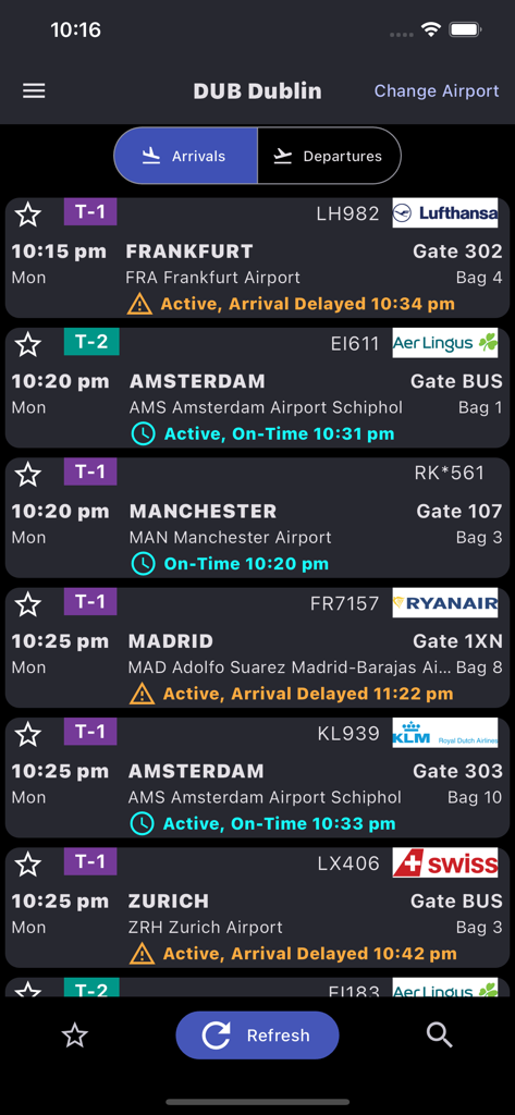 Mobile app display showing real-time flight arrivals at Dublin Airport with flight numbers, terminal info, gate numbers, and baggage carousel details.