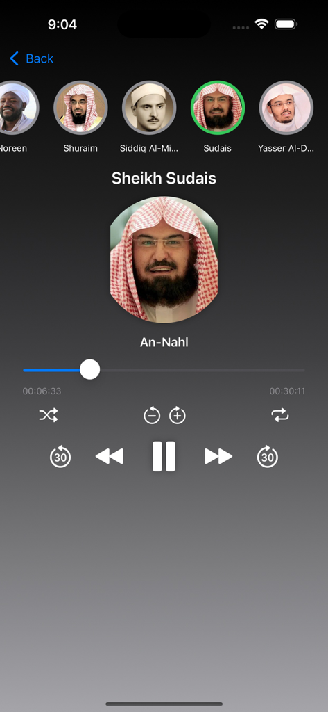 Audio player interface in the Sheikh Noreen app showing a recitation by Sheikh Sudais