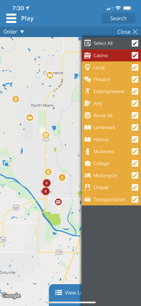 Interactive map of Miami Oklahoma showing tourist attraction filters like Route 66 and landmarks.