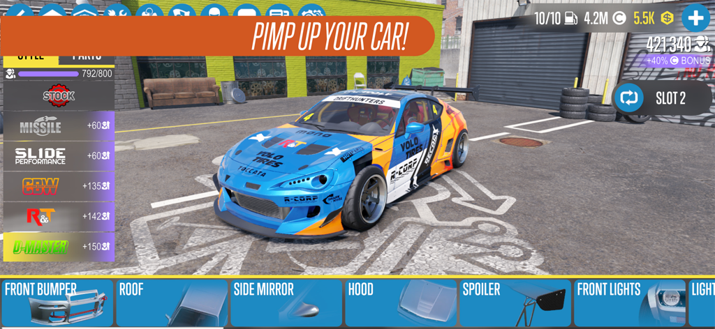 Menu de personnalisation visuelle de voiture dans CarX Drift Racing 2 montrant une voiture de drift réglée