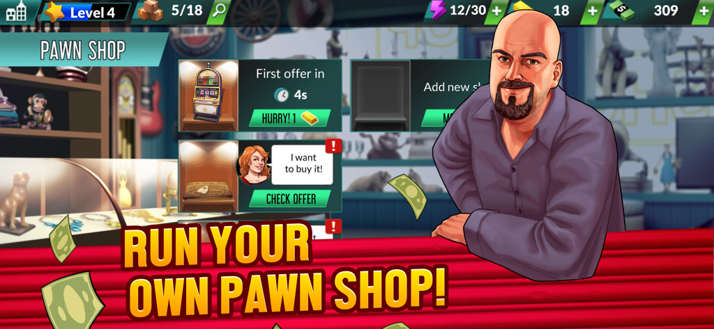 Bid Wars 2 – Pawn Shop Tycoon - Bid Wars 2 gameplay showing pawn shop management and a dealer character.