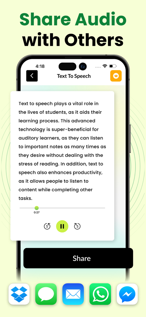 Interface mostrando como compartilhar áudio de texto para voz convertido por meio de aplicativos de mensagens e nuvem
