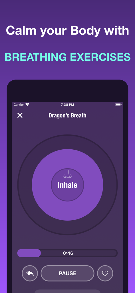 HarmLess: Self Harm Tracker - Interfaccia dell'app HarmLess che mostra una schermata di esercizio di respirazione intitolata "Respiro del Drago" con un prompt di inspirazione