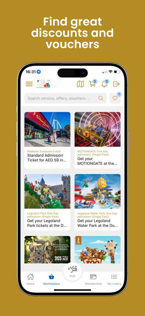 Fazaa app marketplace screen showing various lifestyle discounts and vouchers for popular attractions